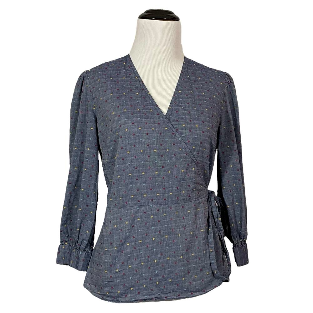 Draper James Embroidered Dot Chambray Wrap Top - Blue - 4